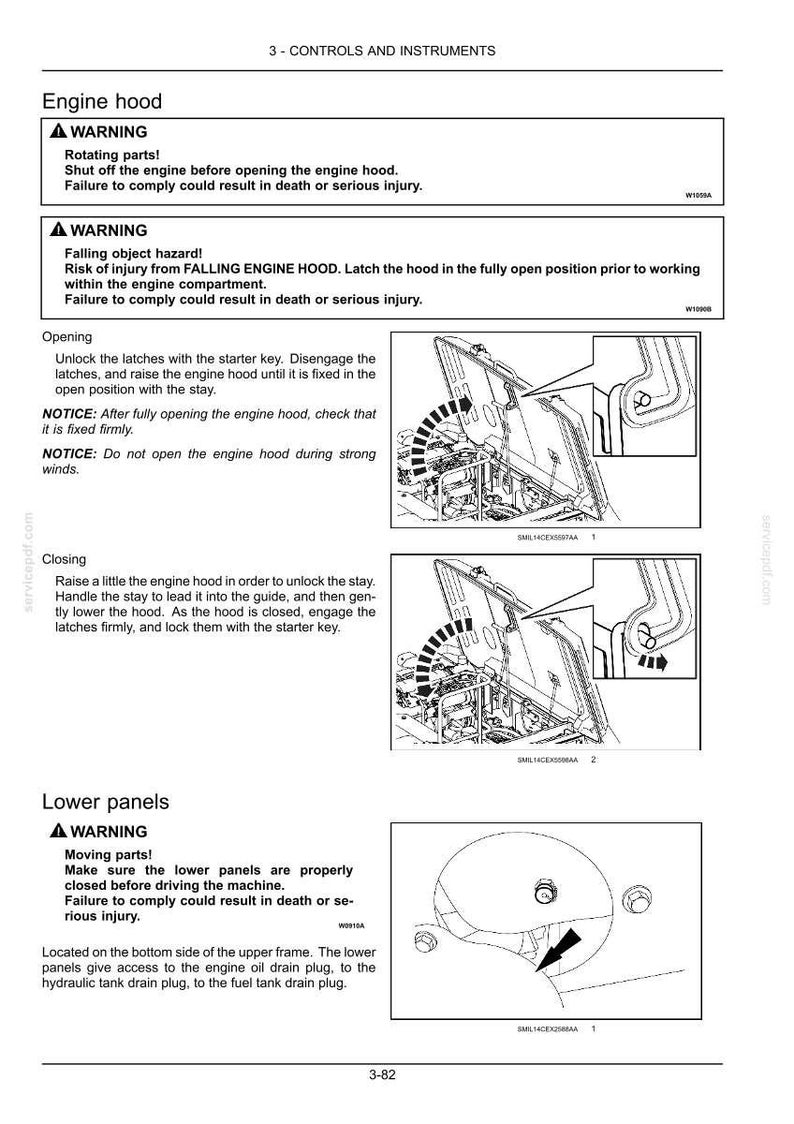 May include: A page from a manual with instructions on how to open and close an engine hood. The page includes diagrams, warnings, and notices about safety procedures. The text is in black and white.