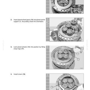 May include: Diagram illustrating the assembly of a planetary reduction system. The steps include fitting a shim washer, inserting planet wheel gears, locking the wheels with snap rings, and installing a crown. The image is in black and white.