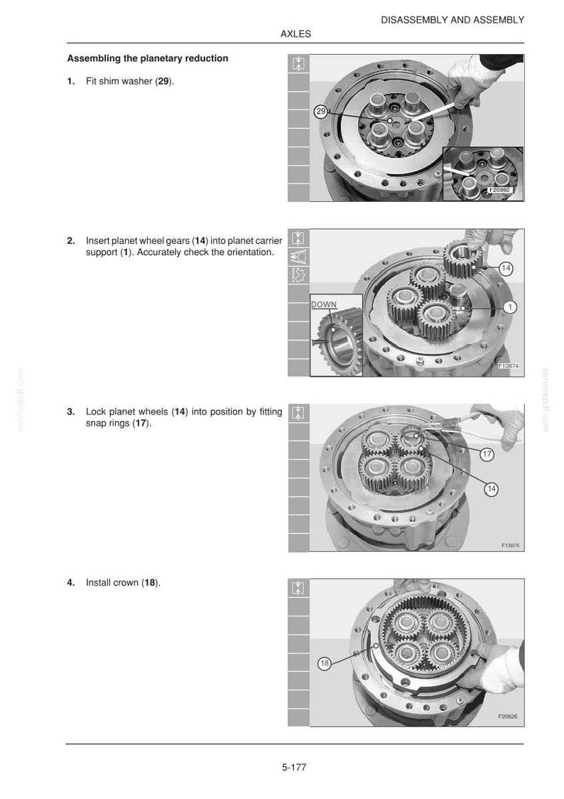 May include: Diagram illustrating the assembly of a planetary reduction system. The steps include fitting a shim washer, inserting planet wheel gears, locking the wheels with snap rings, and installing a crown. The image is in black and white.