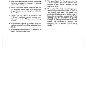 May include: A technical document page titled Section 55 Electrical System Chapter 1 Engine Temperature Gauge Circuit. It contains eight numbered steps detailing the electrical flow from the battery, through fuses and switches, to the gauge.