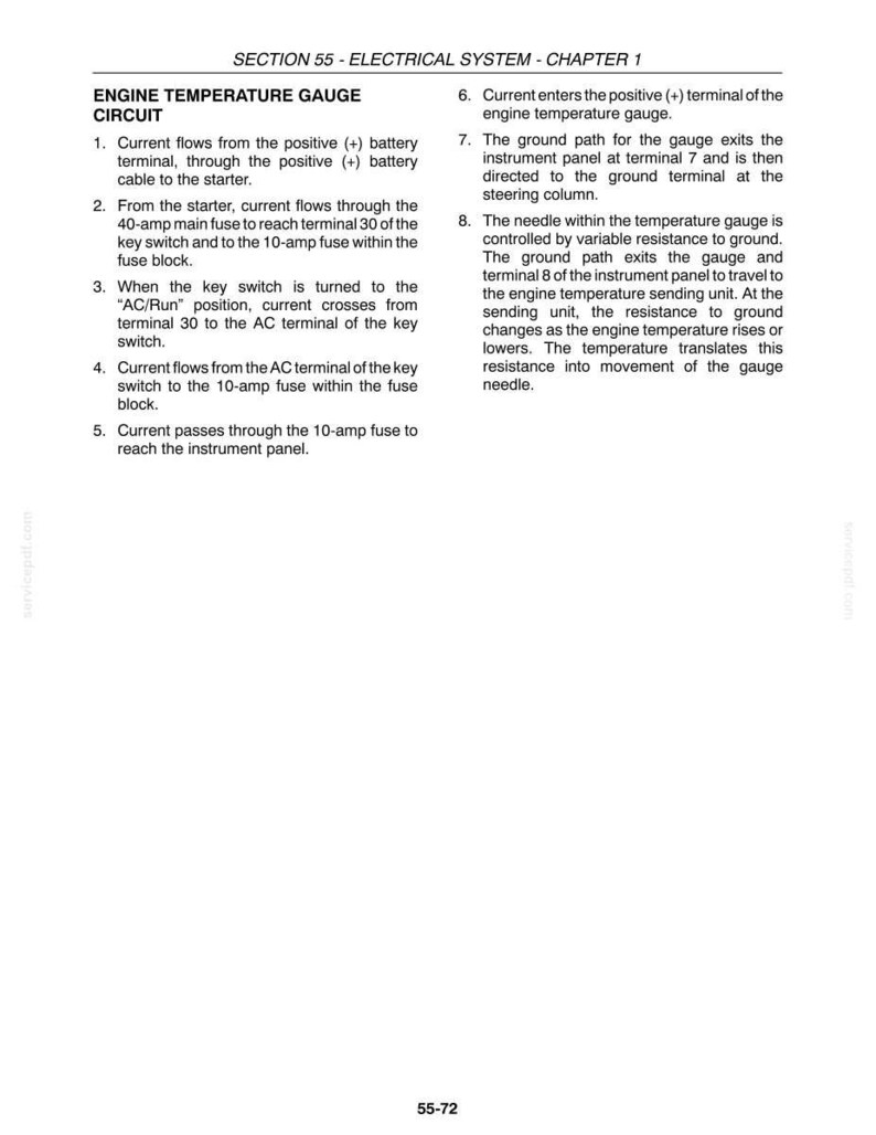May include: A technical document page titled Section 55 Electrical System Chapter 1 Engine Temperature Gauge Circuit. It contains eight numbered steps detailing the electrical flow from the battery, through fuses and switches, to the gauge.