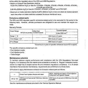 May include: A technical document page titled 9. REFERENCE containing engine installation requirements, EPA and ARB emission regulations, warranty periods for power ranges, and a maintenance schedule for fuel injection nozzles and pumps.