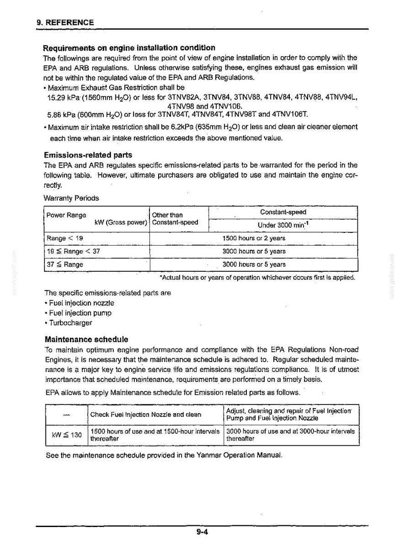 May include: A technical document page titled 9. REFERENCE containing engine installation requirements, EPA and ARB emission regulations, warranty periods for power ranges, and a maintenance schedule for fuel injection nozzles and pumps.