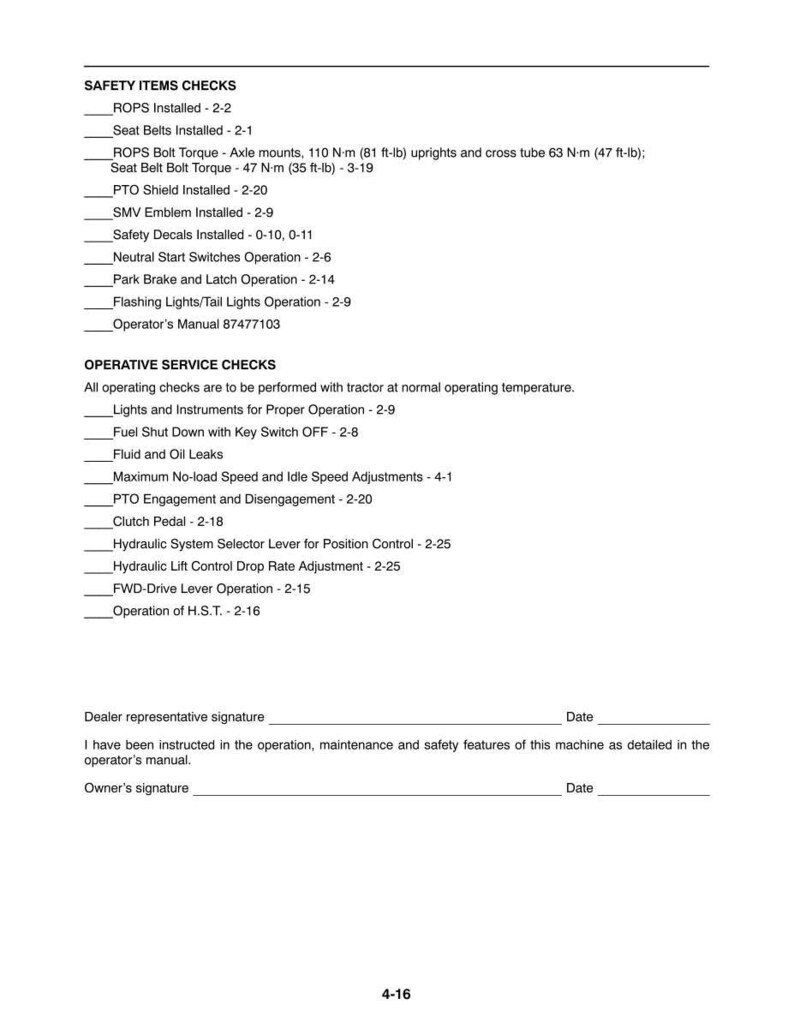 Puede incluir: Un documento en blanco y negro titulado SAFETY ITEMS CHECKS y OPERATIVE SERVICE CHECKS, que enumera tareas de mantenimiento para un tractor, incluyendo ROPS, cinturones, luces y sistemas hidr&aacute;ulicos, con l&iacute;neas de firma en la parte inferior.