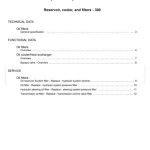 May include: A white document titled "Contents" with the heading "Hydraulic systems - 35." The document lists technical, functional, and service data for oil filters, including overviews and replacement procedures.
