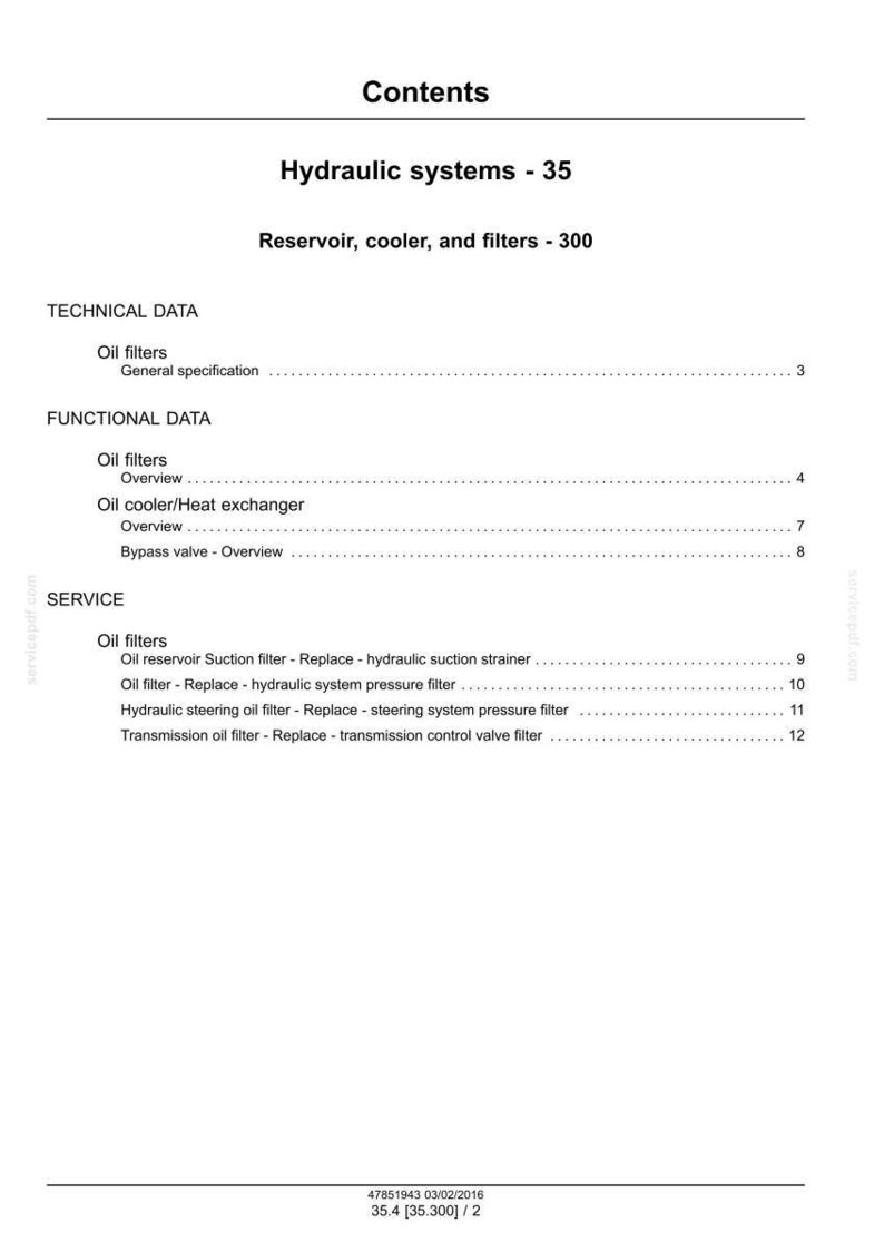May include: A white document titled "Contents" with the heading "Hydraulic systems - 35." The document lists technical, functional, and service data for oil filters, including overviews and replacement procedures.