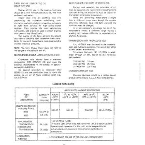 May include: A page from a manual detailing diesel engine lubricating oil specifications, including viscosity selection and lubrication guides. The text provides instructions for oil usage, transmission, and chassis lubrication, with temperature guidelines.