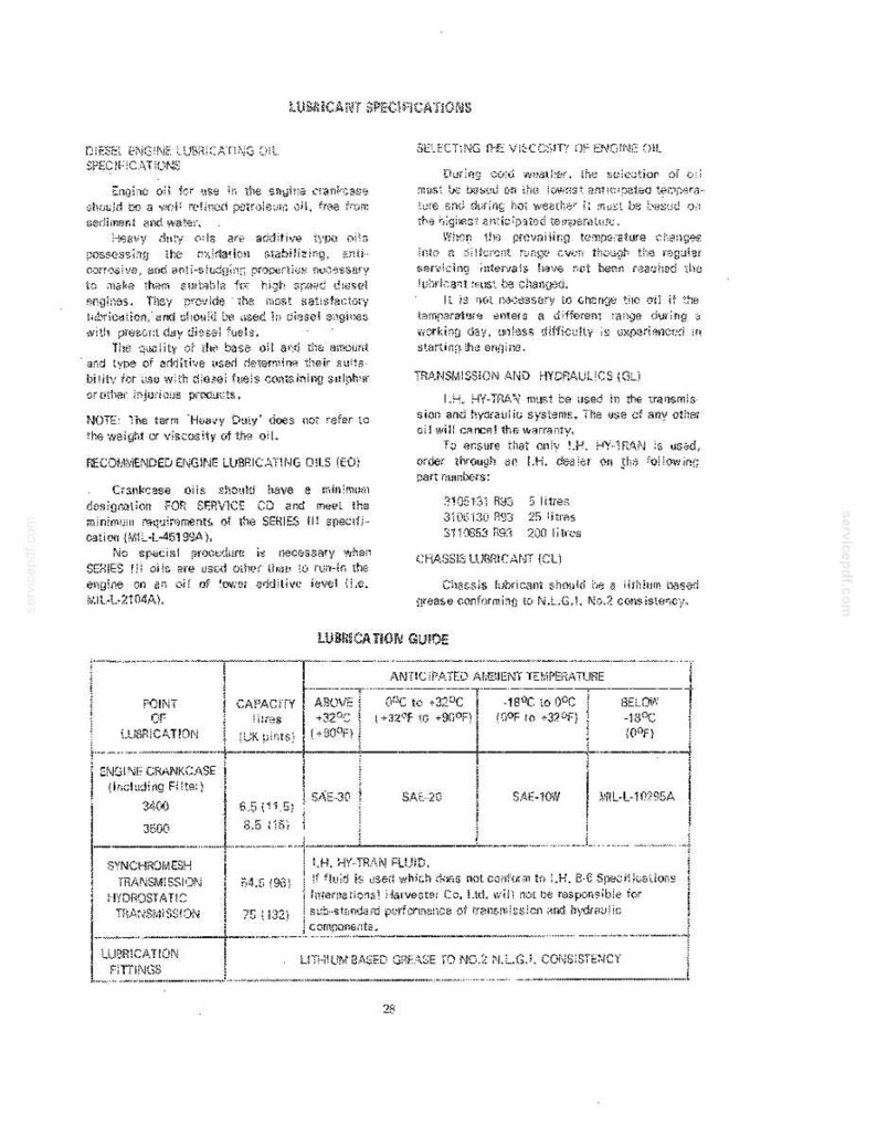May include: A page from a manual detailing diesel engine lubricating oil specifications, including viscosity selection and lubrication guides. The text provides instructions for oil usage, transmission, and chassis lubrication, with temperature guidelines.
