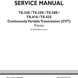 May include: A white service manual with the title "SERVICE MANUAL" in bold black letters. The manual covers T8.320, T8.350, T8.380, T8.410, and T8.435 tractor models with Continuously Variable Transmission (CVT). The New Holland Agriculture logo is at the bottom.