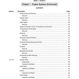 May include: A page from a manual titled "SECTION 10 - ENGINE SYSTEMS." The table of contents lists engine components such as "Rocker Shaft and Push Rod," "Cylinder Head," and "Valve Tappet," with corresponding page numbers. The book's number is 87352317.