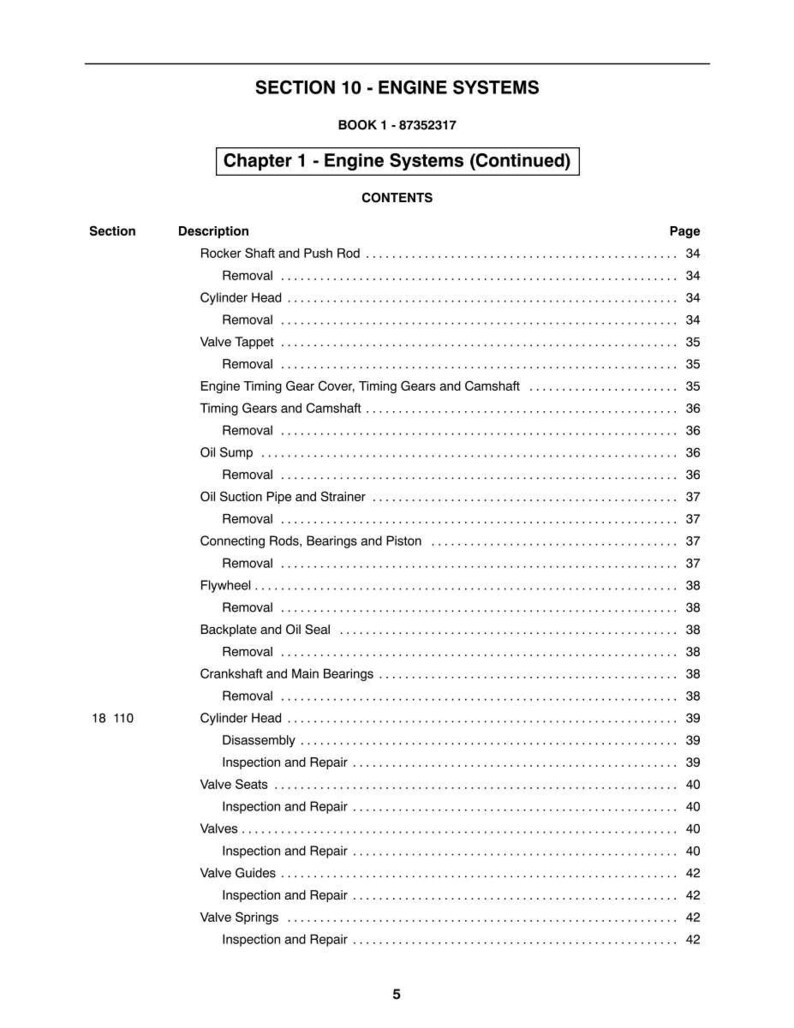 May include: A page from a manual titled "SECTION 10 - ENGINE SYSTEMS." The table of contents lists engine components such as "Rocker Shaft and Push Rod," "Cylinder Head," and "Valve Tappet," with corresponding page numbers. The book's number is 87352317.