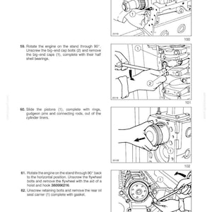 May include: Diagram from a manual showing engine disassembly steps. Includes illustrations of removing parts like the O-ring seal, big-end cap bolts, pistons, and rear oil seal carrier. Text instructions accompany each step.