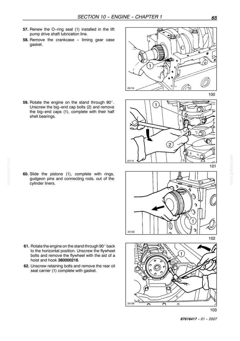 May include: Diagram from a manual showing engine disassembly steps. Includes illustrations of removing parts like the O-ring seal, big-end cap bolts, pistons, and rear oil seal carrier. Text instructions accompany each step.