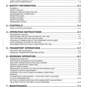 May include: A detailed table of contents from a manual, featuring sections on general information, safety, controls, operating instructions, transport, working operation, and maintenance. The text is black on a white background.