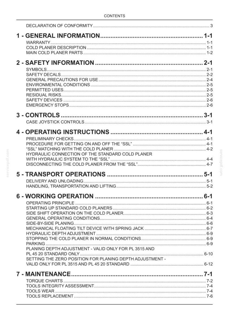 May include: A detailed table of contents from a manual, featuring sections on general information, safety, controls, operating instructions, transport, working operation, and maintenance. The text is black on a white background.