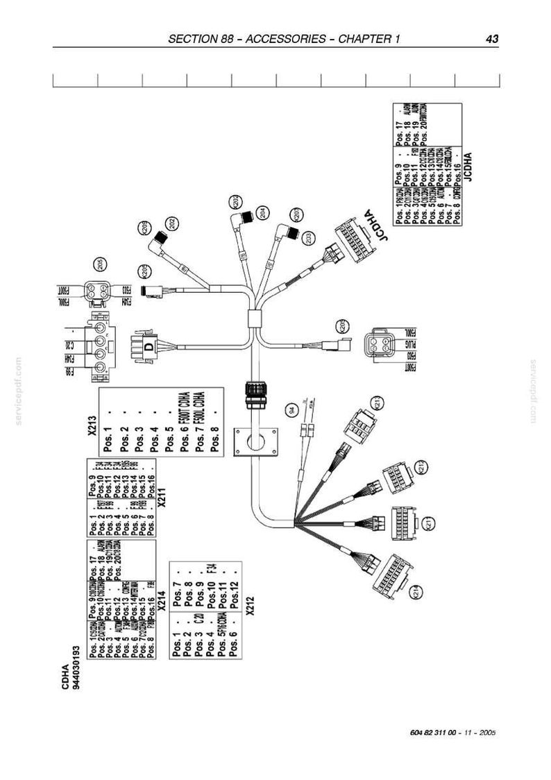 K&ouml;nnte beinhalten: Diagramm von elektrischen Kabelb&auml;umen mit mehreren Steckern, beschriftet mit Positionen und Codes. Das Diagramm enth&auml;lt Text wie "SECTION 88 - ACCESSORIES - CHAPTER 1" und "JCDHA".