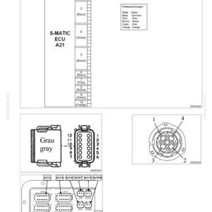 Pu&ograve; includere: Schema di una centralina S-MATIC ECU A21 con vari connettori ed etichette. Include uno schema elettrico con fili codificati a colori ed etichette di testo come "Lubricationpressure / Schmierdruck". Lo schema include anche il testo "Grau gray".