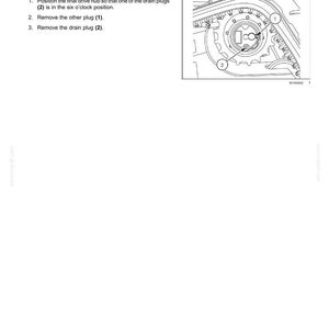 K&ouml;nnte beinhalten: Diagramm eines hydrostatischen Antriebssystems mit dem Text "Motor - Drain fluid". Das Bild zeigt eine detaillierte Ansicht einer mechanischen Komponente mit nummerierten Ablassschrauben und Anweisungen.