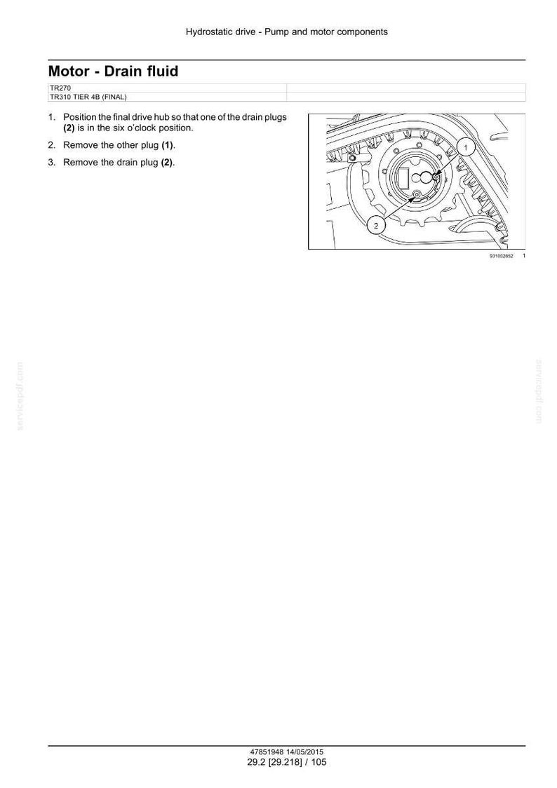 K&ouml;nnte beinhalten: Diagramm eines hydrostatischen Antriebssystems mit dem Text "Motor - Drain fluid". Das Bild zeigt eine detaillierte Ansicht einer mechanischen Komponente mit nummerierten Ablassschrauben und Anweisungen.