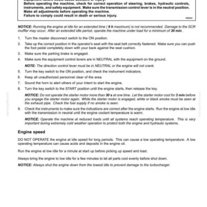 May include: A page of operating instructions with the title "Starting the engine." The text includes a warning about equipment failure and detailed steps for starting the engine, along with notices about engine operation and engine speed.