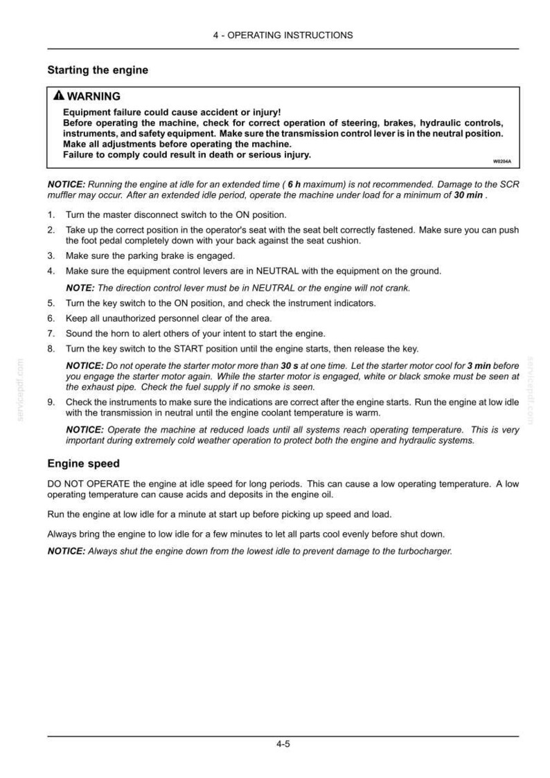 May include: A page of operating instructions with the title "Starting the engine." The text includes a warning about equipment failure and detailed steps for starting the engine, along with notices about engine operation and engine speed.