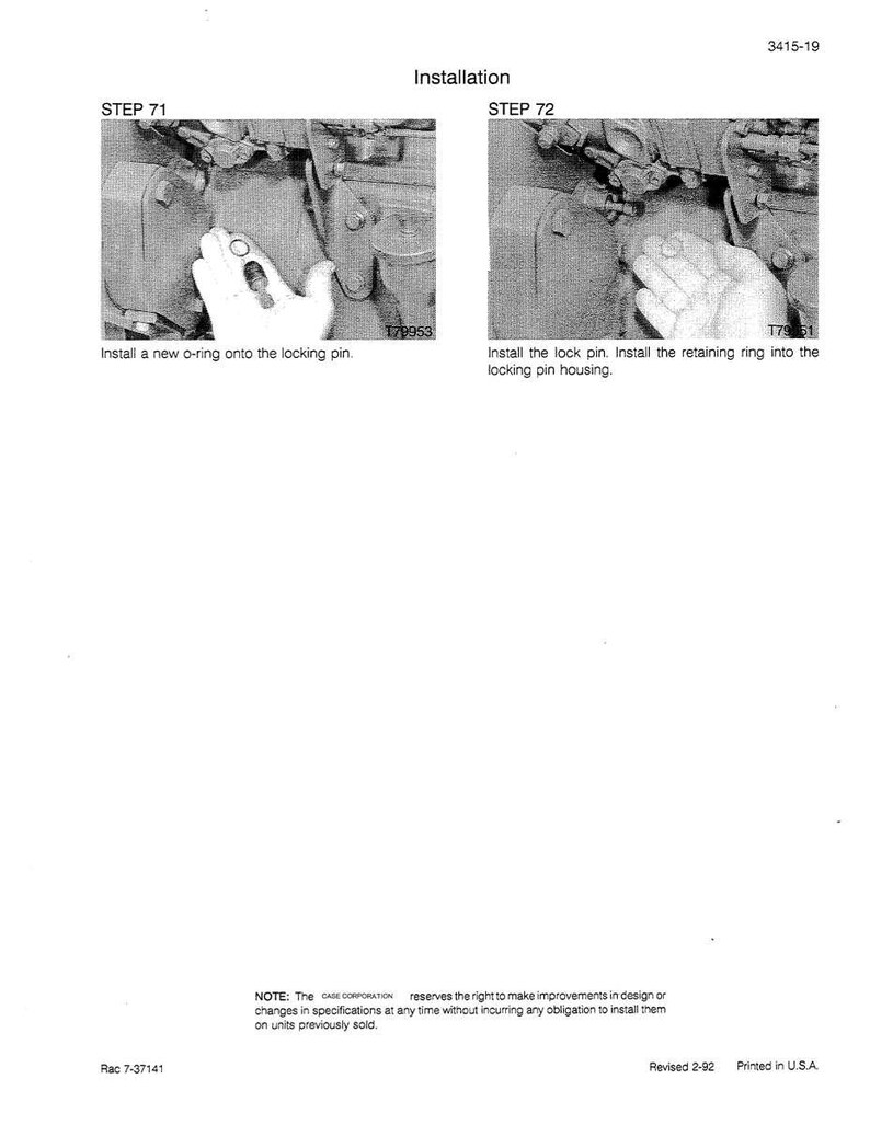 May include: Installation diagram with two steps. Step 71 shows a hand installing a new o-ring onto a locking pin. Step 72 shows a hand installing a lock pin and retaining ring into the locking pin housing. Text includes "Installation", "STEP 71", "STEP 72", and "Revised 2-92".