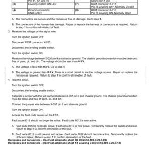 May include: A detailed schematic for electrical systems fault codes, featuring a table with connector and switch details, along with troubleshooting steps. The document includes voltage measurements and fault code analysis for automotive repair.