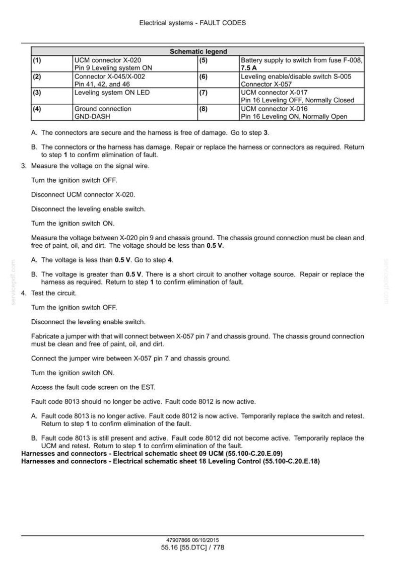 May include: A detailed schematic for electrical systems fault codes, featuring a table with connector and switch details, along with troubleshooting steps. The document includes voltage measurements and fault code analysis for automotive repair.