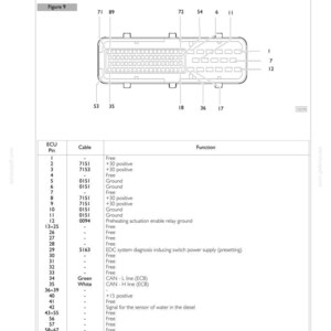 Pu&ograve; includere: Un diagramma tecnico intitolato EDC control unit PIN-OUT Chassis connector B, che presenta un disegno al tratto di un connettore rettangolare a pi&ugrave; pin con posizioni numerate e una tabella che elenca i numeri dei pin della centralina.
