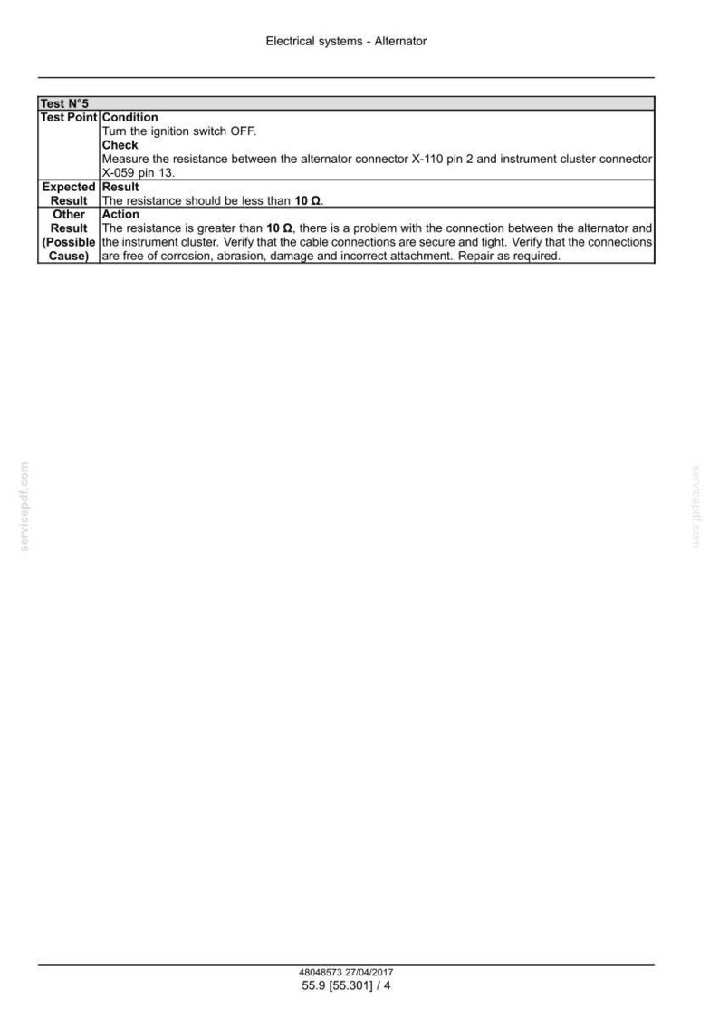 Puede incluir: Documento t&eacute;cnico sobre "Sistemas el&eacute;ctricos - Alternador" con una tabla que detalla un procedimiento de prueba. La tabla incluye pasos para medir la resistencia, con resultados esperados y acciones a tomar.
