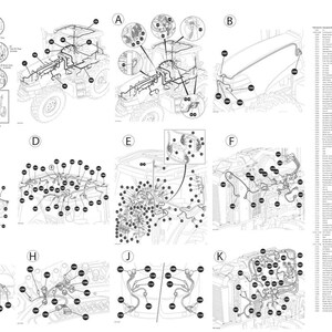 May include: A detailed technical diagram of a vehicle's electrical system, featuring multiple views labeled A through K. The diagram includes wiring schematics, connector lists, and close-up details of various components, all in black and white.