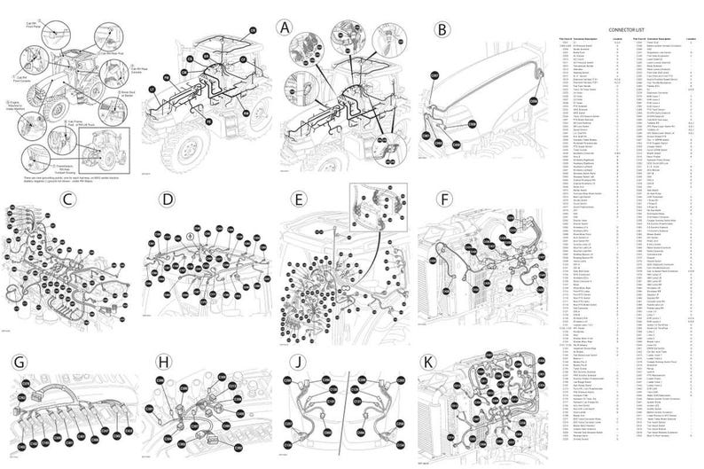 May include: A detailed technical diagram of a vehicle's electrical system, featuring multiple views labeled A through K. The diagram includes wiring schematics, connector lists, and close-up details of various components, all in black and white.