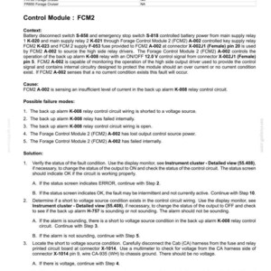May include: Diagnostic document for electrical systems, showing fault codes related to the backup alarm and light. Includes troubleshooting steps and possible failure modes for the FCM2 control module.