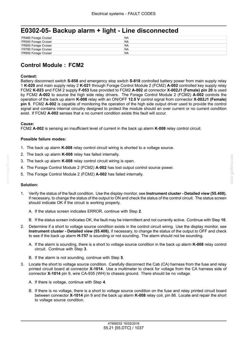 May include: Diagnostic document for electrical systems, showing fault codes related to the backup alarm and light. Includes troubleshooting steps and possible failure modes for the FCM2 control module.