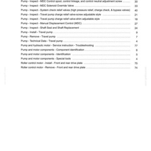 May include: A white page with a list of technical instructions related to pumps and hydraulic motors. The text includes terms like "Disassemble", "Inspect", and "Travel pump". The document is labeled with a date and a service code.