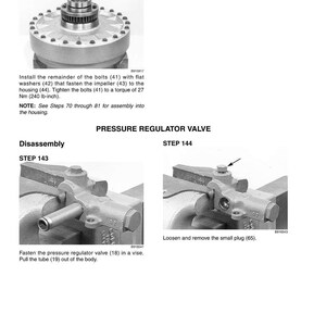 May include: Technical diagram with instructions for disassembling a pressure regulator valve. The diagram includes images of the valve and text instructions for each step, including tightening bolts to a torque of 27 Nm (240 lb-inch).