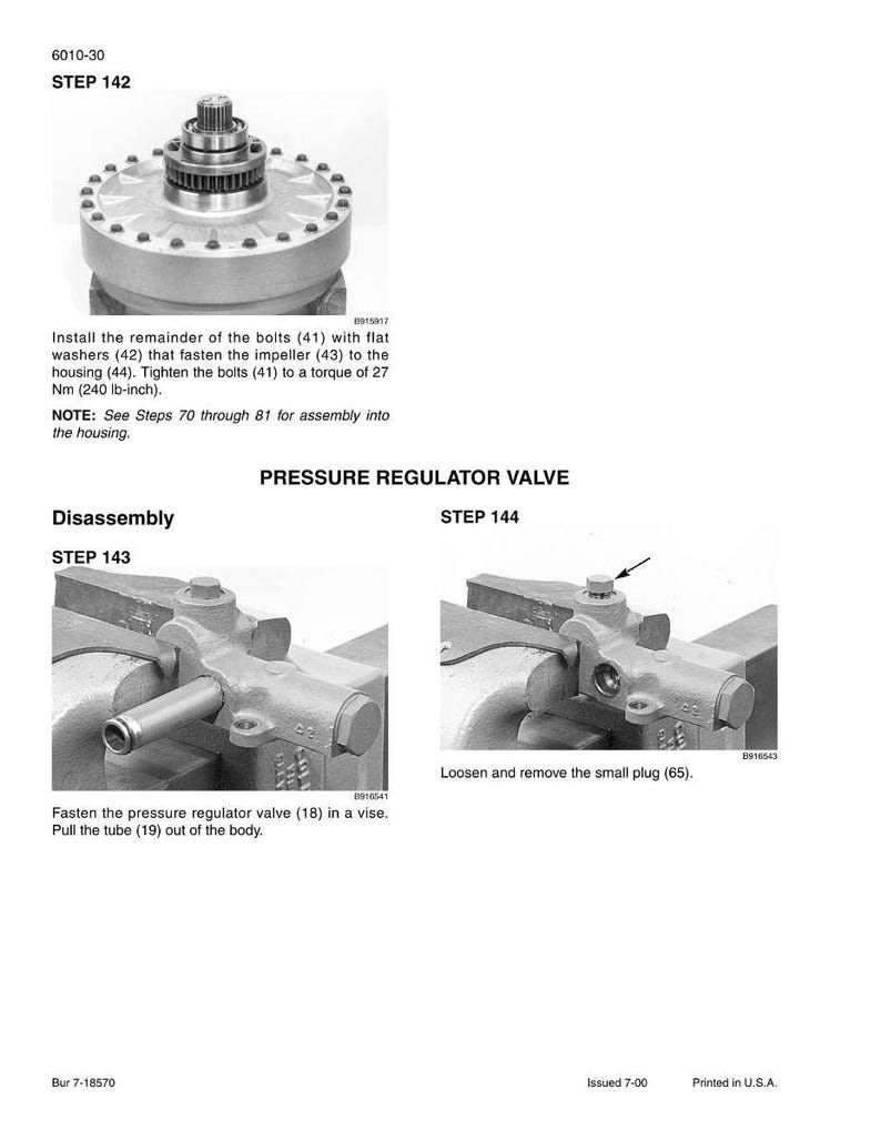 May include: Technical diagram with instructions for disassembling a pressure regulator valve. The diagram includes images of the valve and text instructions for each step, including tightening bolts to a torque of 27 Nm (240 lb-inch).