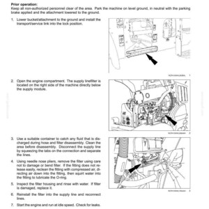 May include: Diagram of a machine maintenance procedure. The text describes how to clean the in-line DEF supply filter. Includes steps for opening the engine compartment, removing the filter, and reinstalling it. Arrows point to specific parts.