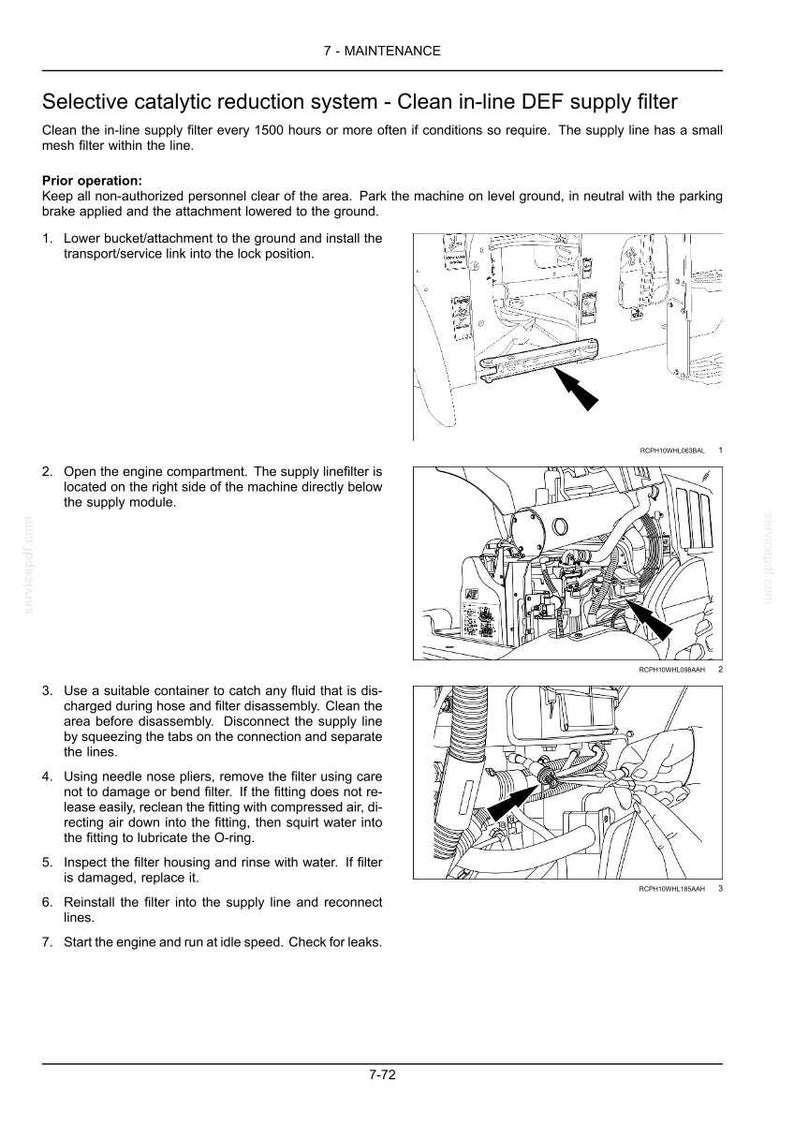 May include: Diagram of a machine maintenance procedure. The text describes how to clean the in-line DEF supply filter. Includes steps for opening the engine compartment, removing the filter, and reinstalling it. Arrows point to specific parts.
