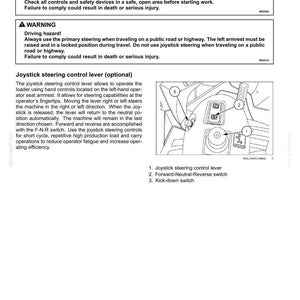 May include: A page from a manual detailing joystick operation. It includes warnings about driving hazards and instructions for using the joystick steering control lever, forward-neutral-reverse switch, and kick-down switch. The image also shows a diagram of the controls.