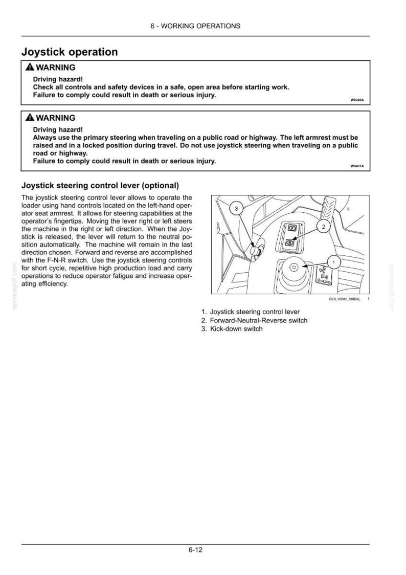 May include: A page from a manual detailing joystick operation. It includes warnings about driving hazards and instructions for using the joystick steering control lever, forward-neutral-reverse switch, and kick-down switch. The image also shows a diagram of the controls.