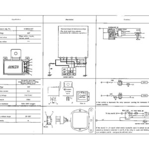 May include: A technical document page featuring three rows of relay specifications, including part numbers, electrical diagrams, and wiring schematics. The table displays technical data for automotive components with labels like ASMO, relay, and wiper switch.
