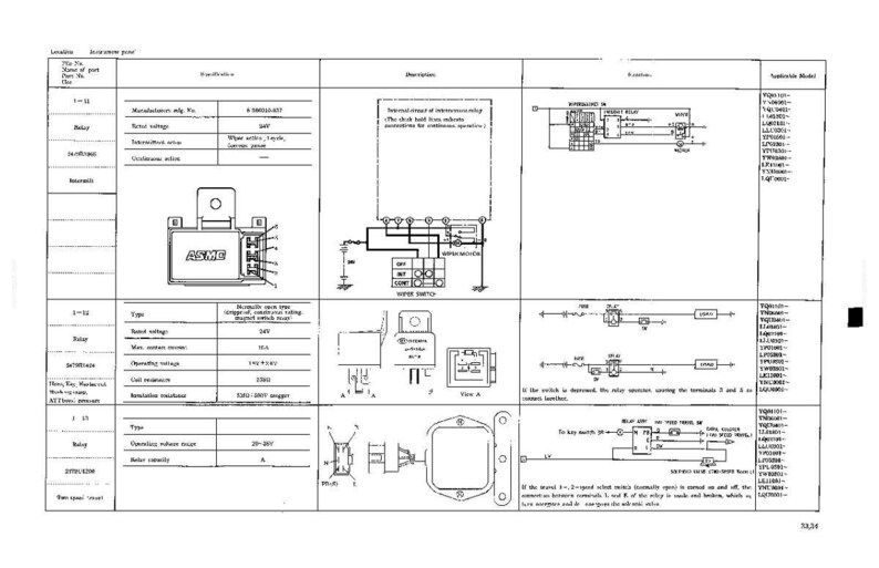 May include: A technical document page featuring three rows of relay specifications, including part numbers, electrical diagrams, and wiring schematics. The table displays technical data for automotive components with labels like ASMO, relay, and wiper switch.