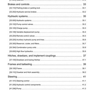 May include: A detailed page from a manual, featuring a table of contents with various mechanical system components. The text includes sections on brakes, hydraulics, hitches, steering, and wheels. The page is white with black text.