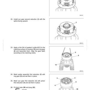 May include: A technical manual page titled SWING DEVICE E305C showing assembly steps 21 through 27. The document includes four black and white line drawings of mechanical gear components labeled with numbers, alongside instructional text for assembly.