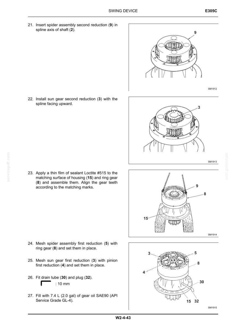 May include: A technical manual page titled SWING DEVICE E305C showing assembly steps 21 through 27. The document includes four black and white line drawings of mechanical gear components labeled with numbers, alongside instructional text for assembly.