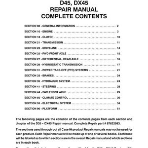 May include: A printed repair manual contents page for D35, DX35, D40, DX40, D45, and DX45 tractors. The table of contents lists sections including engine, clutch, transmission, and brakes. The manual is from 2006.