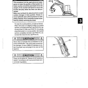 May include: A technical manual page titled BASIC MACHINE OPERATION, section B. LOWERING BUCKET. It includes safety warnings, cautions, and two black-and-white diagrams showing an excavator arm and hydraulic hose connections labeled H and R.
