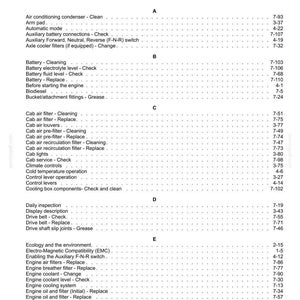 May include: A page from an index, featuring a list of automotive maintenance topics. The text is organized alphabetically, with topics like "Battery - Cleaning" and "Engine oil and filter - Replace". Page numbers are listed on the right.