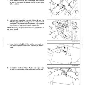 May include: Diagram of hydraulic system components, including a thermal bypass valve, bolts, washers, and hoses. Instructions detail the installation process, with numbered parts and labels for clarity. The image is a technical illustration.